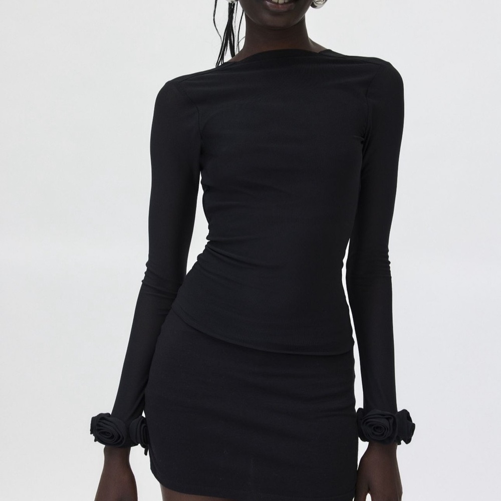 Urban Outfitters Black Mesh Low Back Top with Rose Sleeves